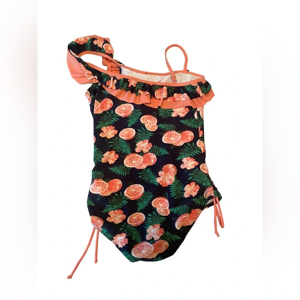 KALAWALK girls asymmetrical ruffle tropical print one piece swimsuit size 14
